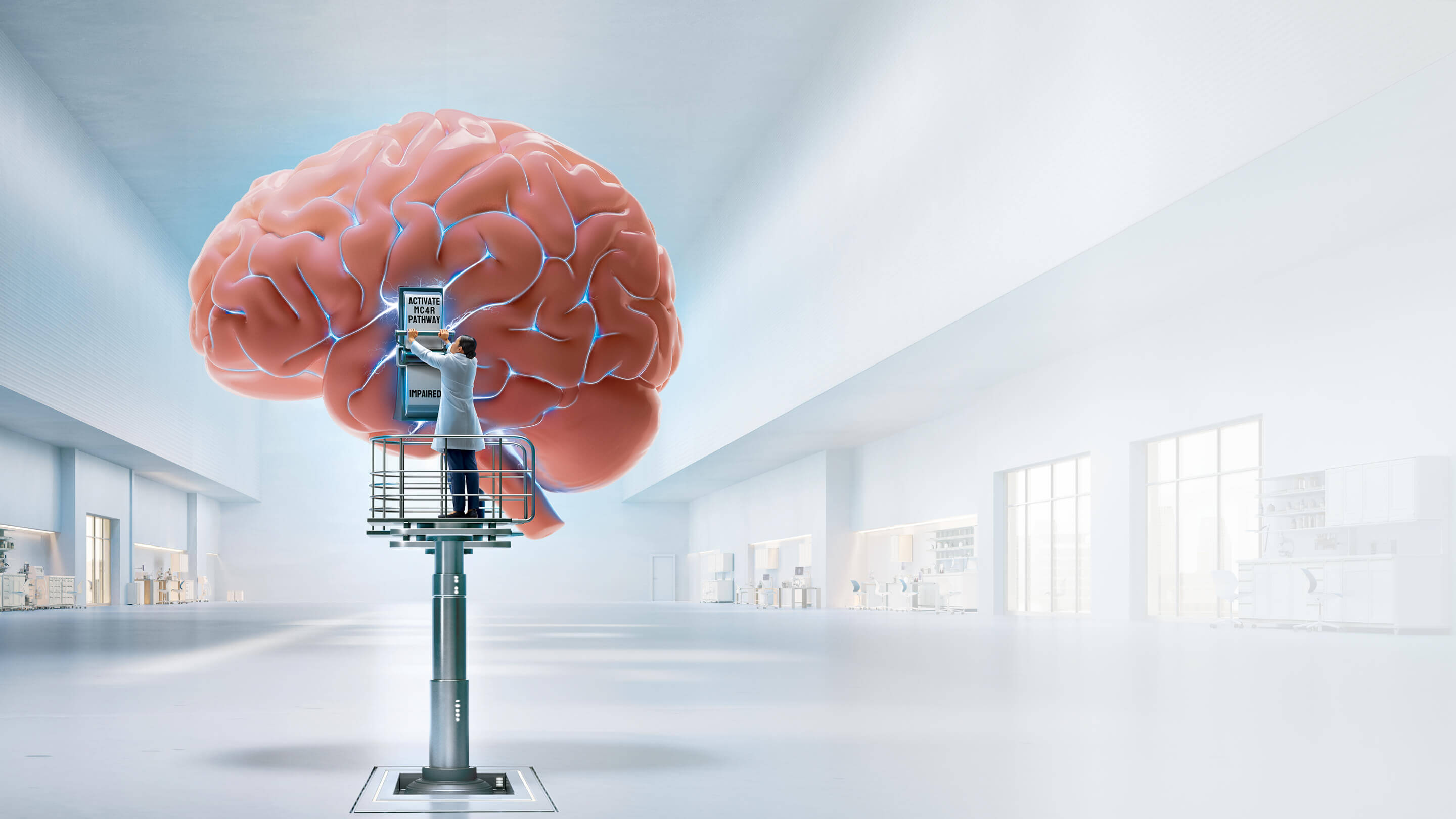 Doctor on lift in front of large brain, activating MC4R pathway switch